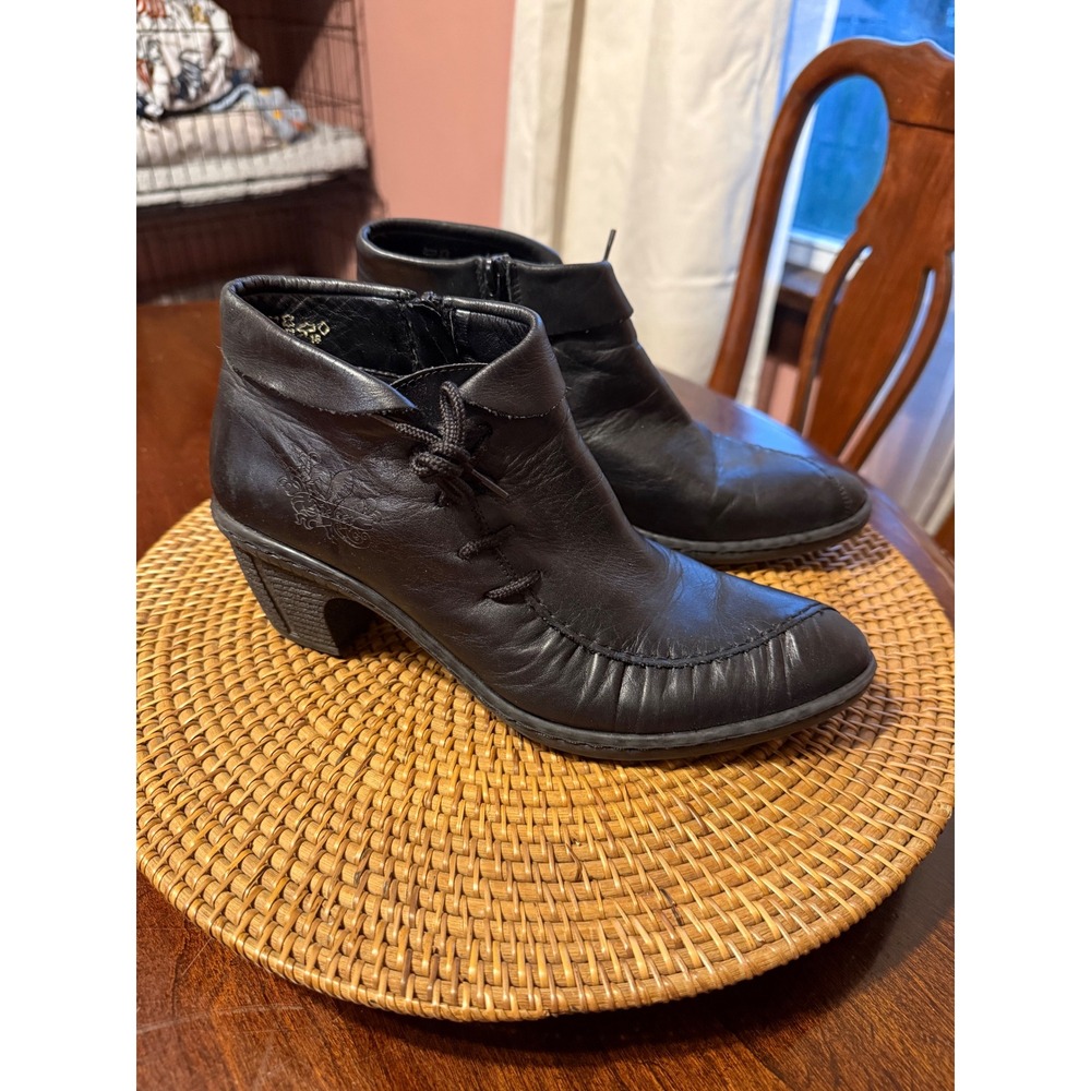 Rieker Antistress Black Leather Moc Toe Ankle Boots Side Zip Block Heel Size 41